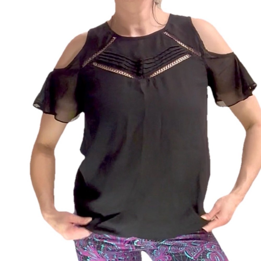 Black Sheer Flutter Flow Sleeve Heartloom Blouse Shirt Lightweight Women's SM